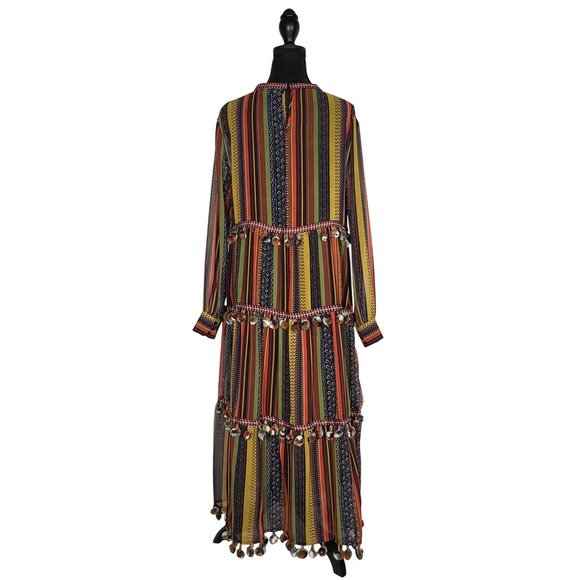 Chelsea & Theodore Boho Striped  Maxi Dress with Pom Poms Long Sleeve Bohemian - Picture 5 of 11